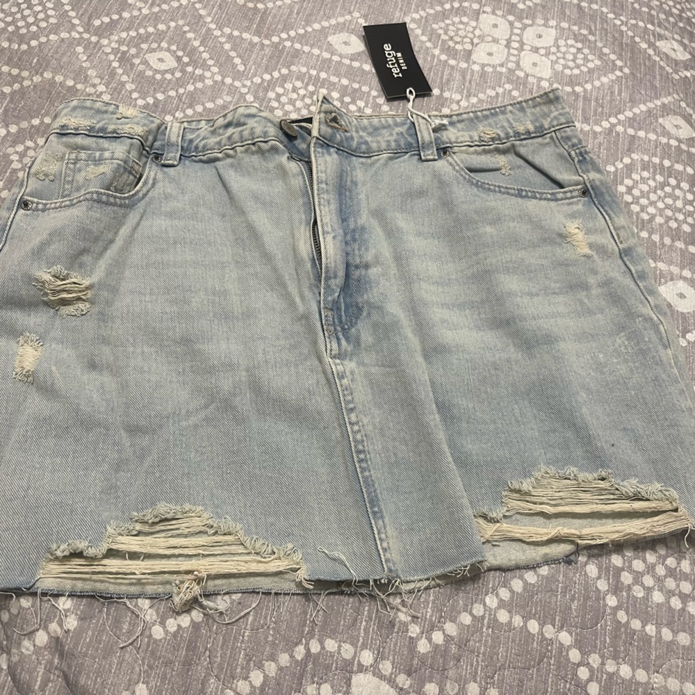 Refuge Light Blue Denim Skirt with Distressed Details